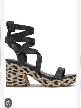 Vince Camuto Black Leather Wrap-Strap Espadrille Wedge Sandals